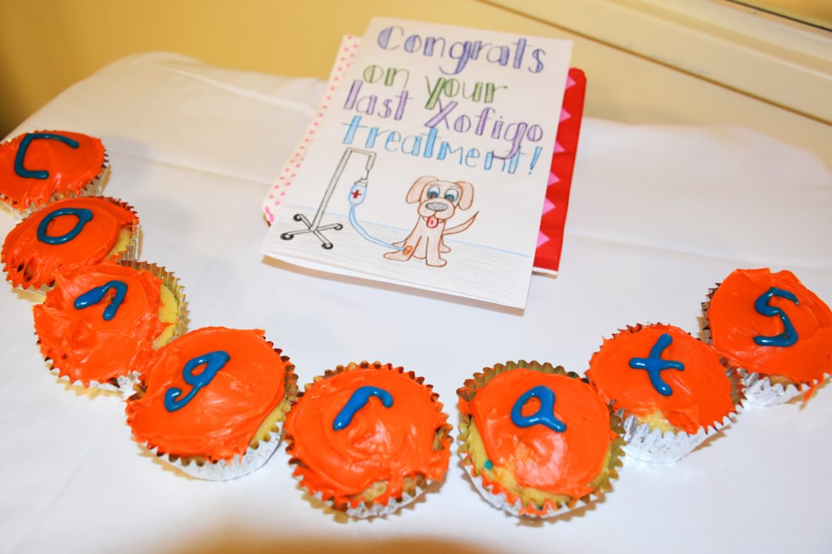 Orange cupcakes spelling out "congrats" sit arranged in a semi circle beneath a handmade card