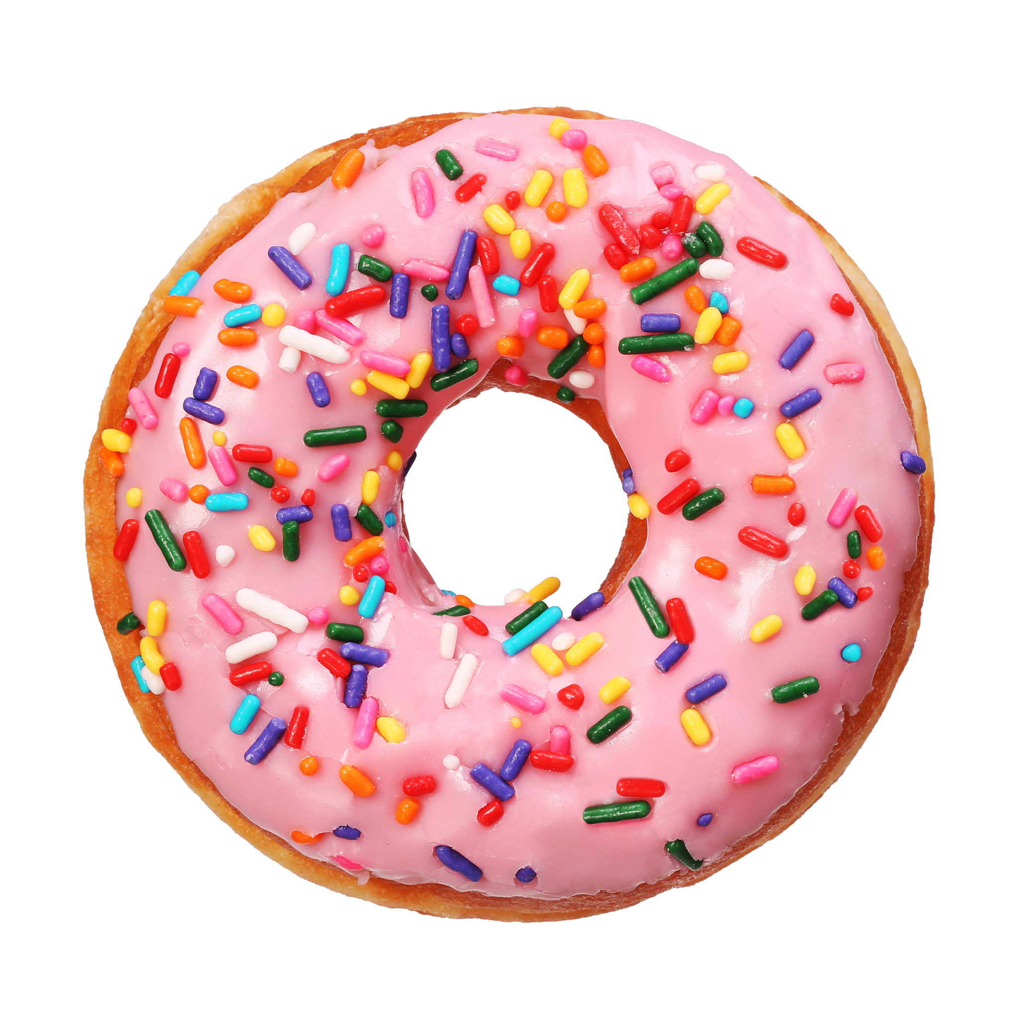A pink frosted doughnut on a white background