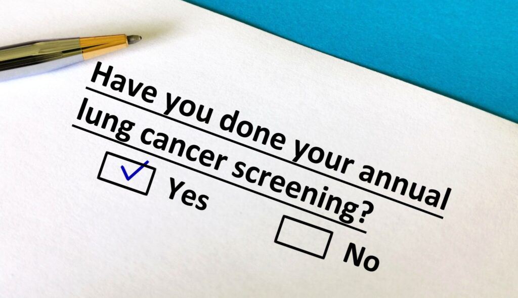 A piece of paper asking if you have done your annual lung cancer screening, accompanied by two check boxes.